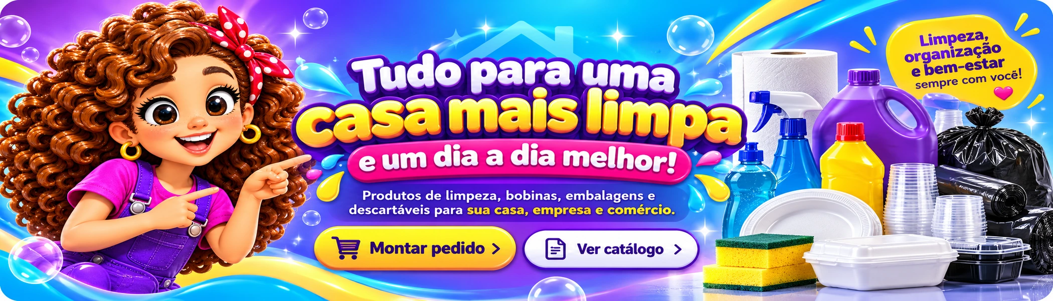 Tudo para uma casa mais limpa: mascote Gisa Química com produtos de limpeza, embalagens, bobinas e descartáveis