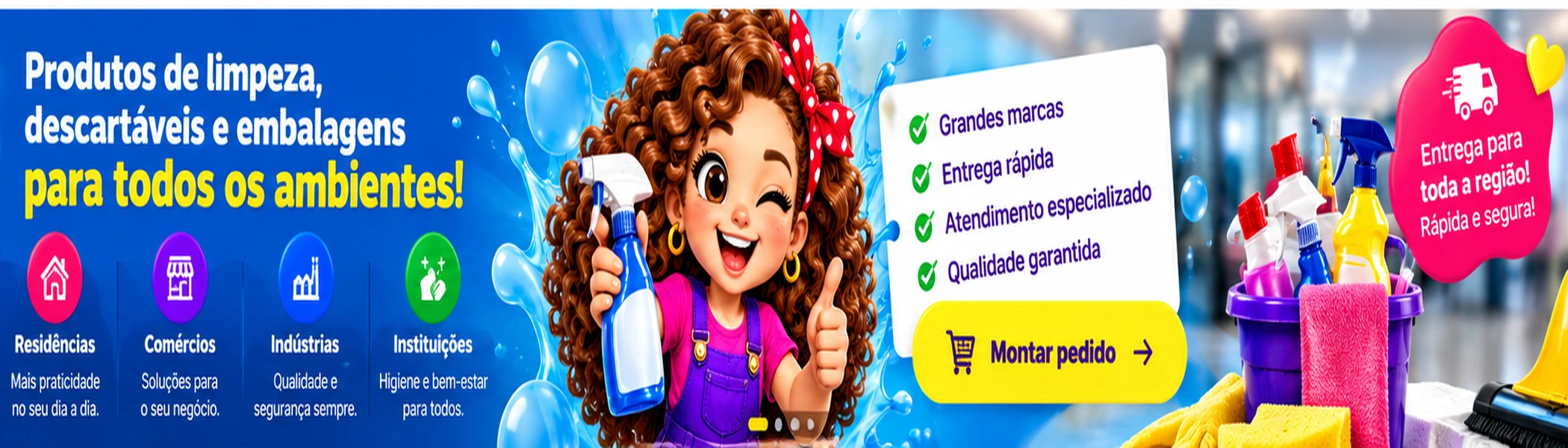 Produtos de limpeza e embalagens para todos os ambientes, com a mascote Gisa e atendimento comercial